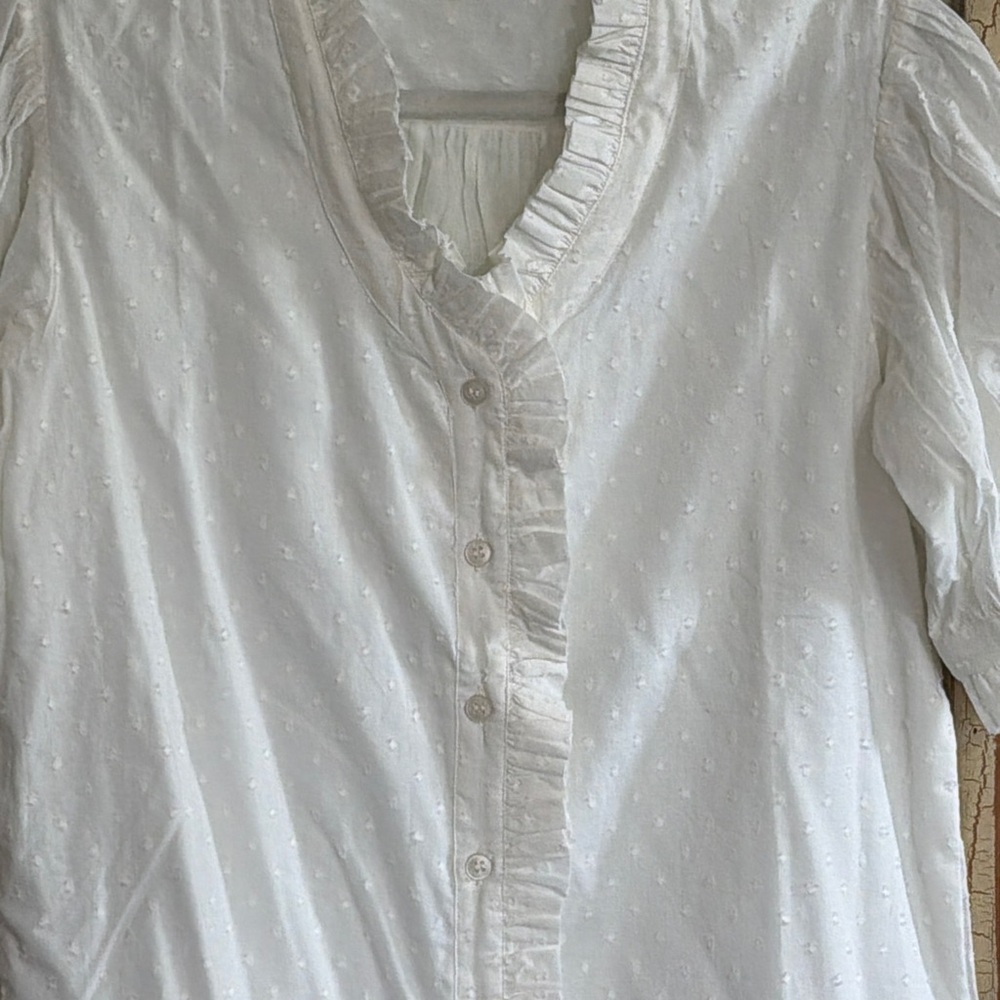 White Ruffle V-Neck Button Front Blouse - Picture 2 of 4